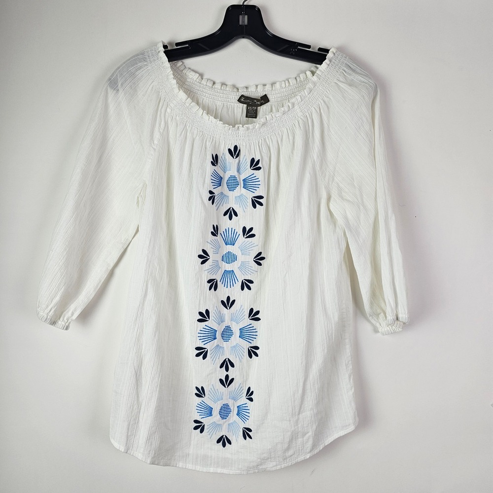 Tommy Bahama Mariana Womens XS White Embroidered Peasant Blouse Top Off Shoulder